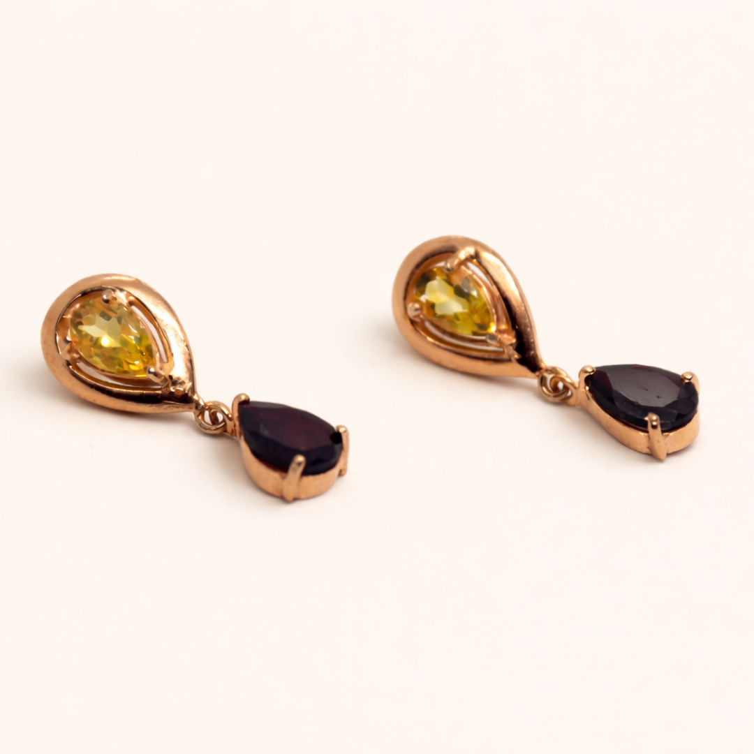 Citrine & Garnet Teardrop Drop Earrings