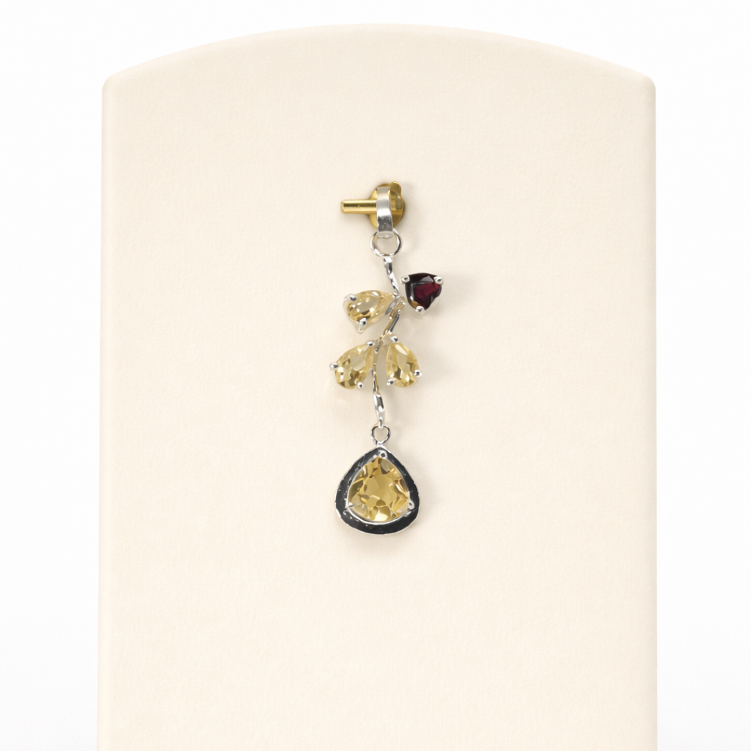 Citrine & Ruby Floral Drop Silver Pendant