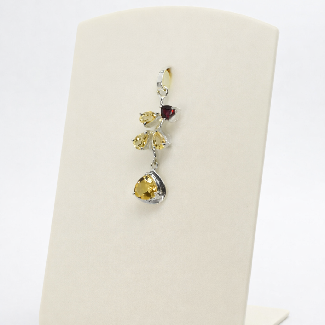 Citrine & Ruby Floral Drop Silver Pendant - Image 2