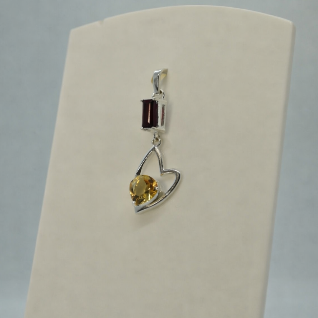Ruby & Citrine Heart Drop Silver Pendant - Image 2