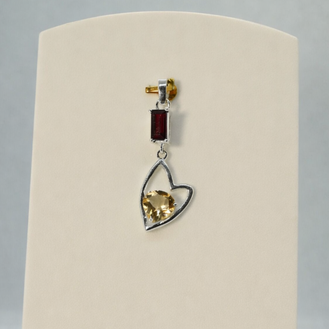 Ruby & Citrine Heart Drop Silver Pendant